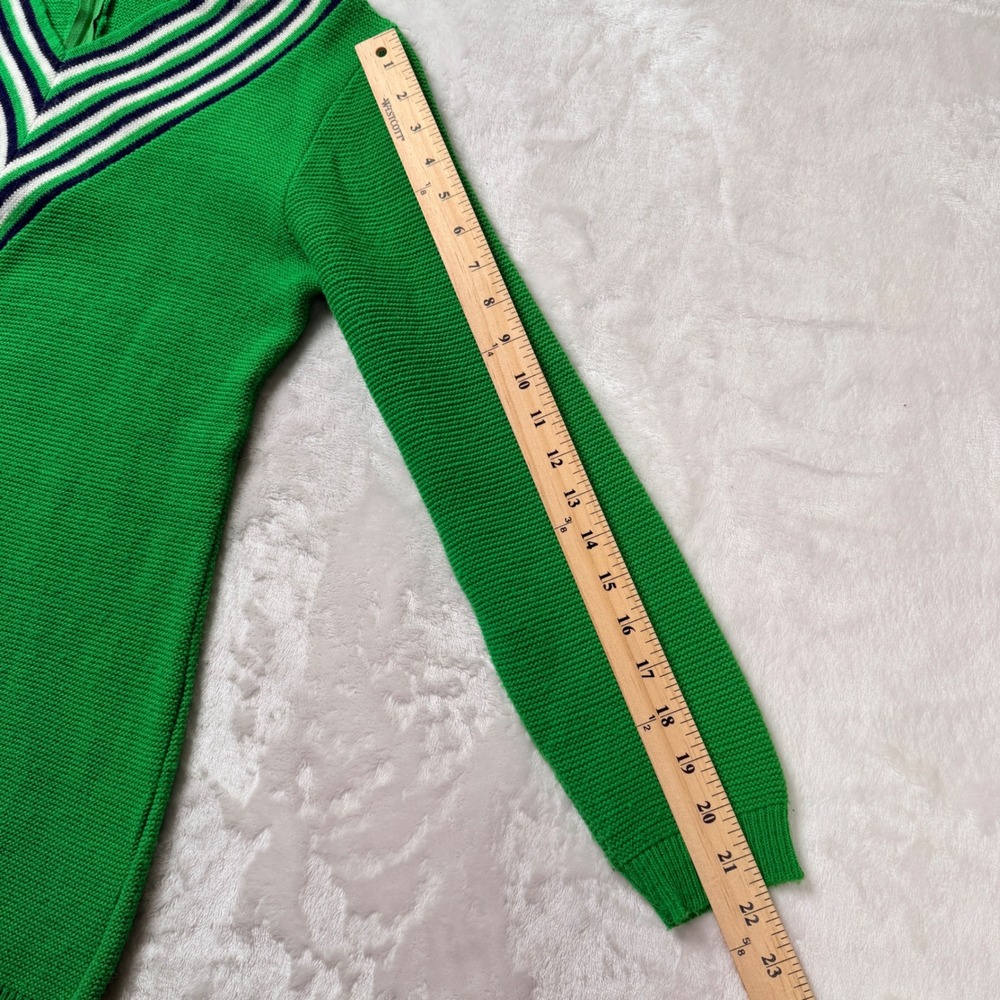 Vintage 70s Retro Green Striped V-Neck Knit Sweater Varsity Preppy Zip Back Top - Picture 7 of 8
